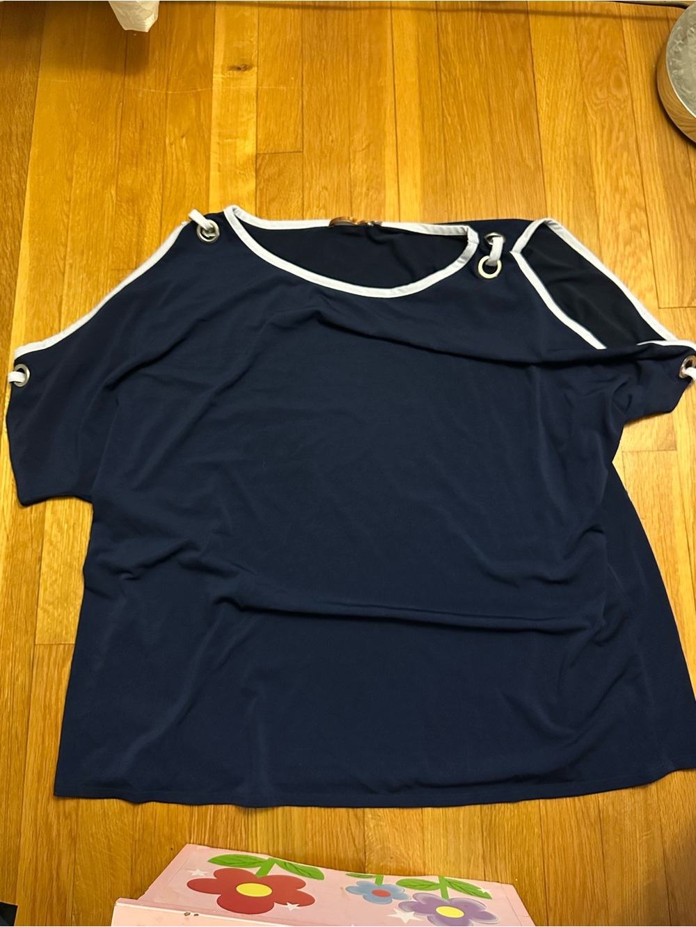 Navy Short Sleeve Tee with White Trim and Eyelet Details